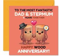 Cute 5th Anniversary Card for Stepmum & Dad - Celebrating Five Years with a Smile - Adorable Wooden Log Couple Holding Hands - 145mm Square, Envelope Included