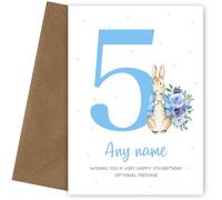 Cute 5th Birthday Card - Blue Bunny Rabbit - Age 5 Year Old Birthday Card for Boy Nephew Son Great Grandson God Son Godson Cousin Keepsake on Fifth Bday
