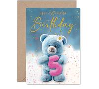 Cute 5th Birthday Card - Bursting with Birthday Cheer - Blue Teddy Bear Hugging a Big Number 5 Amid Confetti - 5x7 Inch, Envelope Included