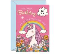 Cute 5th Birthday Card - Bursting with Magic - Whimsical Unicorn, Rainbow and Flowers Design - Perfect for Brightening Any Little One's Special Day - 5x7 Inch, Envelope Included