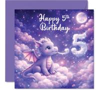 Cute 5th Birthday Card - Dreamy Dragon on Fluffy Clouds - Playful Pastel Scene with 'Happy 5th Birthday' - Magical Touch for a Special Milestone - 145mm Square, Envelope Included