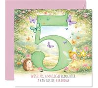 Cute 5th Birthday Card for Daughter - Whimsical Birthday Magic - Fairy, Hedgehog and Butterflies Gather Round a Big Green 5-145mm Square, Envelope Included