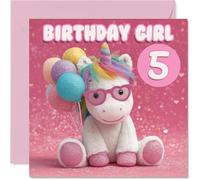 Cute 5th Birthday Card - Magical Unicorn and Balloons Scene - Sparkly Pink and Pastel Design - Bursting with Birthday Cheer - 145mm Square, Envelope Included