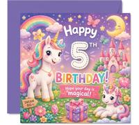 Cute 5th Birthday Card - Make Their Day Sparkle - Magical Unicorn, Rainbow and Castle Scene in Pastel Colours - 145mm Square, Envelope Included