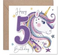 Cute 5th Birthday Card - Sparkly Unicorn Magic for Their Big Day - Vibrant Stars and Bold Number 5 in Lively Pink and Gold - 145mm Square, Envelope Included