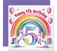 Cute 5th Birthday Card - Unicorn Magic and Rainbows Galore - Playful Design with Balloons - Guaranteed to Make Their Day Extra Sparkly - 145mm Square, Envelope Included