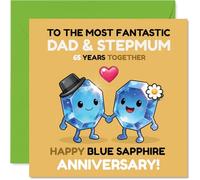 Cute 65th Anniversary Card for Stepmum & Dad - Sparkling Gemstone Duo Celebrates 65 Years - Playful Blue Sapphire Anniversary Design - 145mm Square, Envelope Included