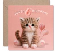 Cute 6th Birthday Card, Adorable Needle-felt Kitten with Yarn Balloons