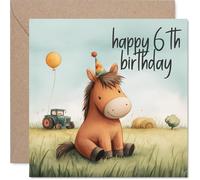 Cute 6th Birthday Card - Bursting with Birthday Cheer - Adorable Horse in a Party Hat with Balloon and Tractor Scene - 145mm Square, Envelope Included