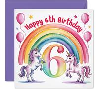 Cute 6th Birthday Card - Bursting with Birthday Magic - Unicorn, Rainbow and Balloons Pop with Cheerful Colours - 145mm Square, Envelope Included