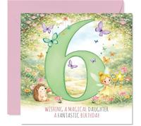 Cute 6th Birthday Card for Daughter - Bursting with Birthday Magic - Whimsical Fairy and Hedgehog Scene with Butterflies and Pink Flowers - 145mm Square, Envelope Included