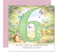 Cute 6th Birthday Card for Granddaughter - Bursting with Birthday Magic - Fairy, Hedgehog and Butterflies Surround a Big Green 6-145mm Square, Envelope Included