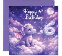 Cute 6th Birthday Card - Magical Birthday Fun - Whimsical Dragon Perched on Fluffy Clouds with a Pop of Colour - Sure to Charm Any Little Dreamer - 145mm Square, Envelope Included