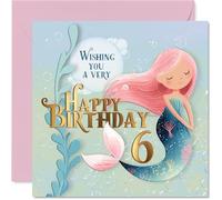 Cute 6th Birthday Card - Make a Splash on Their Special Day - Cheerful Mermaid in Pastel Pink and Blue with Bubbly Underwater Details - 145mm Square, Envelope Included