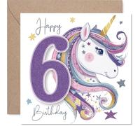 Cute 6th Birthday Card - Sparkly Unicorn Magic - Glittery Number 6 with Rainbow Stars - Bursting with Joyful Birthday Cheer - 145mm Square, Envelope Included