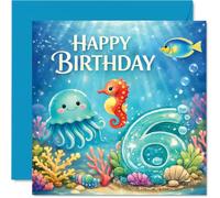 Cute 6th Birthday Card - Splashes of Underwater Fun - Cheerful Sea Creatures and Colourful Corals - Bursting with Birthday Joy - 145mm Square, Envelope Included