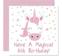 Cute 6th Birthday Card - Sprinkle Some Magic - Pink Unicorn Prancing Among Gold and Blue Stars - Whimsical Fun for a Truly Special Day - 145mm Square, Envelope Included