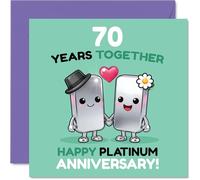 Cute 70th Anniversary Card - Celebrating 70 Wonderful Years - Adorable Hand-holding Characters in Playful Pink and Green - 145mm Square, Envelope Included