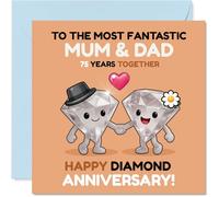 Cute 75th Anniversary Card for Mum & Dad - Playful Diamond Duo Celebrates 75 Years - Adorable Hand-holding Motif - 145mm Square, Envelope Included