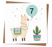 Cute 7th Birthday Card for Child, Llama with Balloon and Cactus Design, Fun Animal Birthday Greeting Card