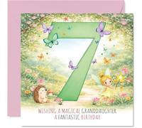 Cute 7th Birthday Card for Granddaughter - Bursting with Magic - Fairy and Hedgehog in a Colourful Garden Scene - 145mm Square, Envelope Included