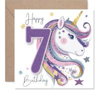 Cute 7th Birthday Card - Magical Seventh Birthday Wishes - Whimsical Unicorn and Glittery Gold 7 with Pink, Purple and Star Accents - 145mm Square, Envelope Included