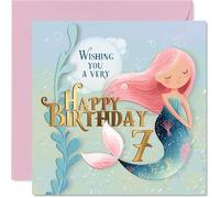 Cute 7th Birthday Card - Make a Splash at Seven - Whimsical Mermaid in Pastel Pink and Blue - Magical Birthday Fun for Little Dreamers - 145mm Square, Envelope Included