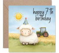 Cute 7th Birthday Card - Sunny Farmyard Smiles - Sheep in a Party Hat and Cheerful Tractor - Bursting with Playful 7th Birthday Energy - 145mm Square, Envelope Included