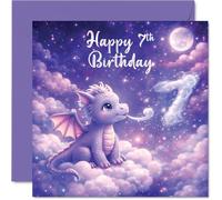 Cute 7th Birthday Card - Whimsical Dragon and Clouds Scene - Magical Seventh Birthday Design - Bursting with Playful Colour - 145mm Square, Envelope Included