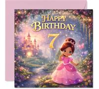 Cute 7th Birthday Card - Whimsical Princess and Castle Scene - Pink and Gold Butterflies Add a Magical Touch - Sure to Enchant Any Little Dreamer - 145mm Square, Envelope Included