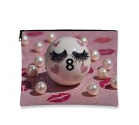 Cute 8 Ball Makeup Bag, Adorable Eyelashes Heart Pattern Cosmetic Travel Pouch for Women, Portable Small Canvas Zipper Organizer, Perfect Choice for Valentine's Day and Festivals, Peach, 7x9 Inch