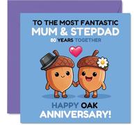 Cute 80th Anniversary Card for Stepdad & Mum - Celebrating 80 Years of Togetherness - Adorable Acorn Couple Design for an Oak Anniversary - 145mm Square, Envelope Included