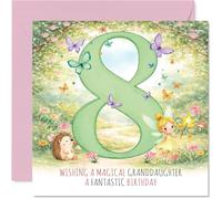 Cute 8th Birthday Card for Granddaughter - Sprinkle Her Day with Magic - Whimsical Fairy, Hedgehog and Butterflies Surround a Pastel 8-145mm Square, Envelope Included