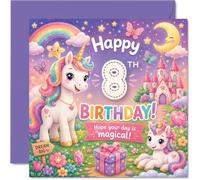 Cute 8th Birthday Card - Make Her Day Magical - Pastel Unicorn, Rainbow and Fairy-tale Castle Scene - Sparkly Accents with Dreamy Details - 145mm Square, Envelope Included