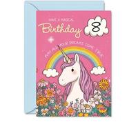 Cute 8th Birthday Card - Sprinkle a Little Magic - Whimsical Unicorn, Rainbow and Flowers Design - Bursting with Cheerful Colour and Sparkle - 5x7 Inch, Envelope Included