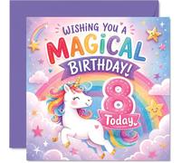 Cute 8th Birthday Card - Sprinkle Some Birthday Magic - Whimsical Unicorn and Rainbow Design with Pastel Sparkles - 145mm Square, Envelope Included
