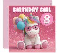 Cute 8th Birthday Card - Sprinkle Some Birthday Magic - Adorable Unicorn Plush with Pastel Balloons on Sparkling Pink - 145mm Square, Envelope Included