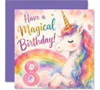 Cute 8th Birthday Card, Sprinkle Some Magic on Her Big Day | Pastel Unicorn with Rainbow, Stars and Golden Hearts, 145mm Square, Envelope Included