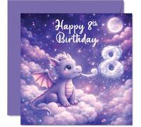 Cute 8th Birthday Card - Whimsical Dragon Floats in Fluffy Clouds - Magical Purple and Pink Design - A Charming Way to Celebrate Turning Eight - 145mm Square, Envelope Included