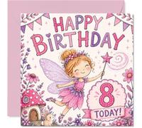 Cute 8th Birthday Card, Whimsical Fairy and Mushroom House Scene