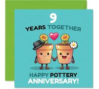Cute 9th Anniversary Card - Pottery Puns and Smiles - Adorable Flower Pots Holding Hands on Turquoise and Pink - 145mm Square, Envelope Included