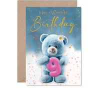 Cute 9th Birthday Card - Bursting with Birthday Cheer - Blue Teddy Bear Hugging a Big Number 9, Confetti and Smiles - Sure to Delight Any Young Star - A5, Envelope Included
