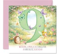 Cute 9th Birthday Card for Daughter - Bursting with Birthday Magic - Whimsical Fairy and Hedgehog Scene with Butterflies - 145mm Square, Envelope Included