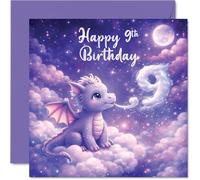 Cute 9th Birthday Card - Magical Cloud Adventure - Cute Dragon Perches Among Dreamy Pink and Purple Clouds - Whimsical Touch for a Special Day - 145mm Square, Envelope Included