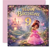 Cute 9th Birthday Card - Sparkle and Smiles - Pink Princess with Golden Castle & Butterflies - Whimsical Birthday Magic - 145mm Square, Envelope Included