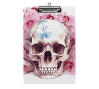 Cute Acrylic Clipboard 8.5x12 Inch - Human Skull Pink Flowers Low Profile Clip Board for Letter/A4 Paper, Lightweight Office Supplies with Vibrant Prints, Hanging Clipboards for Work & Gift