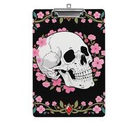 Cute Acrylic Clipboard 8.5x12 Inch - White Skull & Pink Cherry Blossoms Low Profile Clip Board for Letter/A4 Paper, Lightweight Office Supplies with Vibrant Prints, Hanging Clipboards for Work & Gift