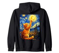 Cute Adorable Cat Van Gogh Starry Night Moon Reaching Zip Hoodie
