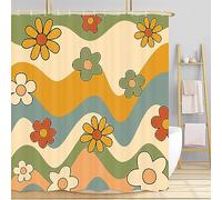 Cute Aesthetic 70S Boho Floral Shower Curtain, Retro Daisy Flower Vintage Wavy Swirl Blue Green Beige Bath Curtain, Colorful Tendy Bathroom Accessories Groovy Teen Girls Bathroom Curtains, 72x72IN