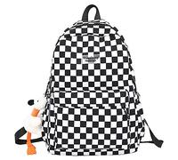 Cute Aesthetic Backpack Checkered Kawaii Backpack with Cute Pendant Checkerboard Casual Daypack College Laptop Bookbag, Black, One Size, Daypack Backpacks